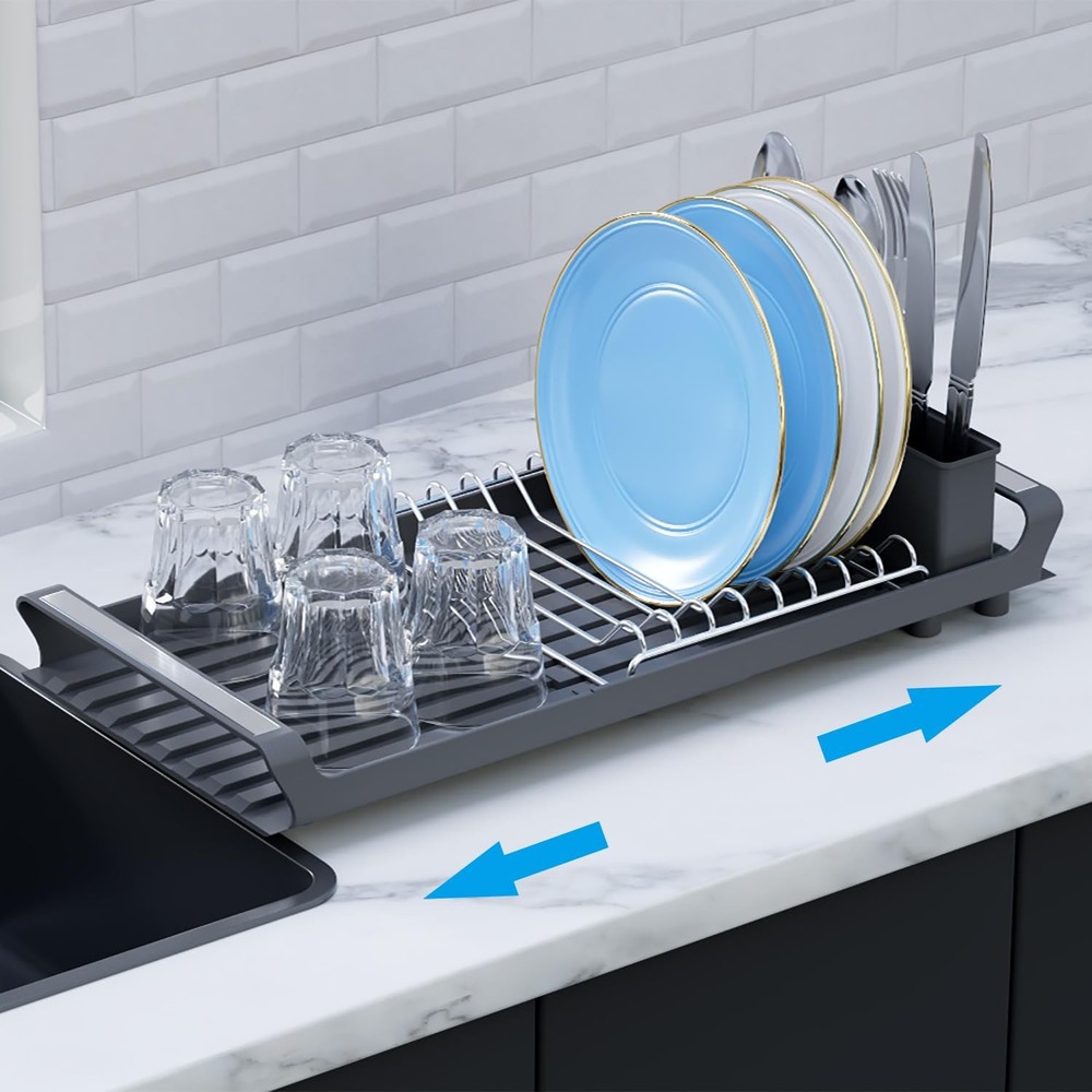 TOOCA BEAR Expandable Small Dish Drying Rack with Cutlery Holder Gray