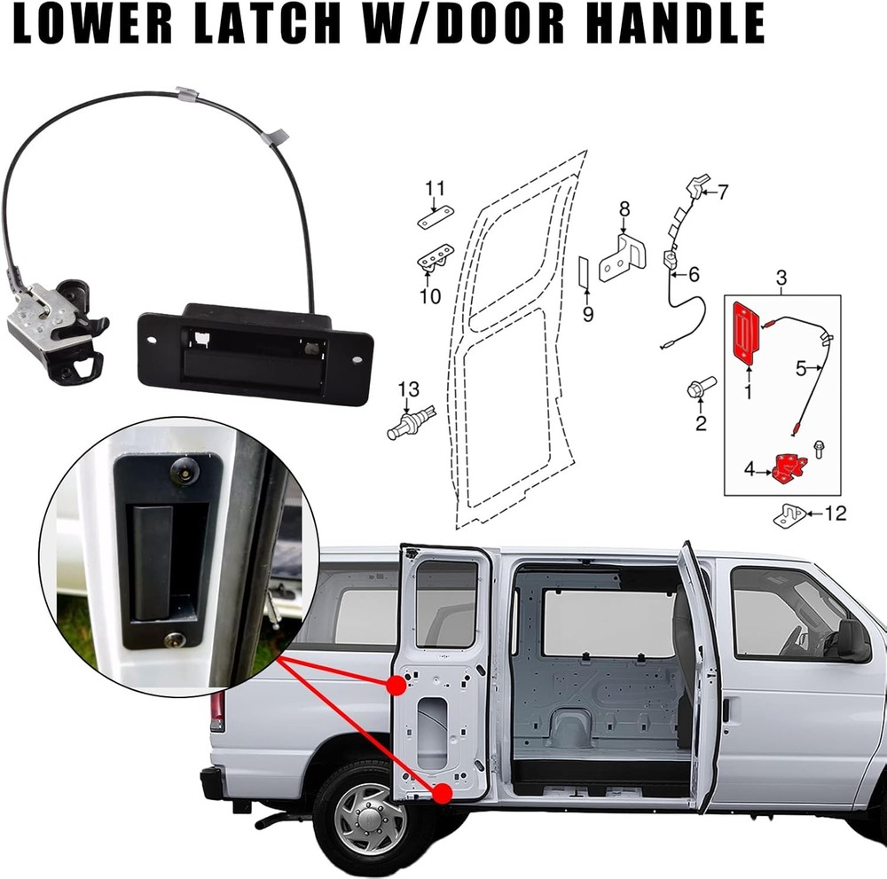 Lower Door Latch Assembly w/Door Handle Compatible for Ford E150 E250 E350 Van S