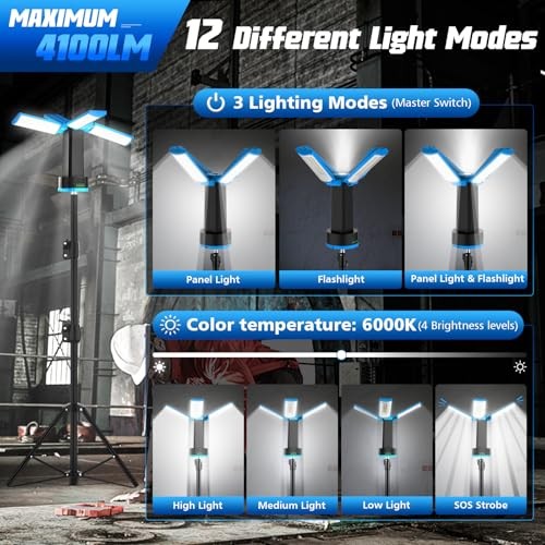 Rechargeable Work Light with Stand, 6000K Camping Light with 4 LED Lamp Blue