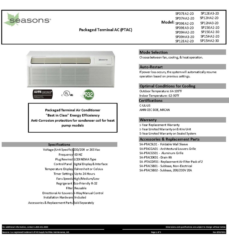 Seasons PTAC Air Filters (10-pack)