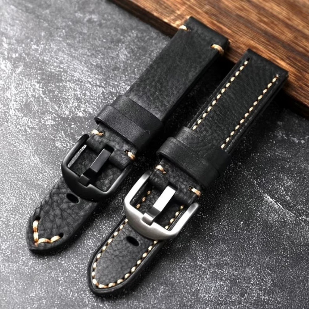 100% Handmade Head Layer Cowhide Leather (16-28MM) Retro Style Black Watch Strap