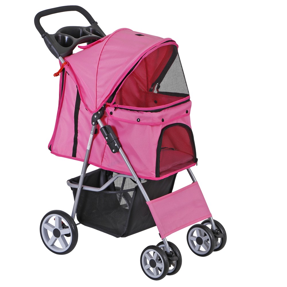 4 Wheel Pet Stroller Foldable Dog Stroller Cat Stroller with Storage Basket Pink