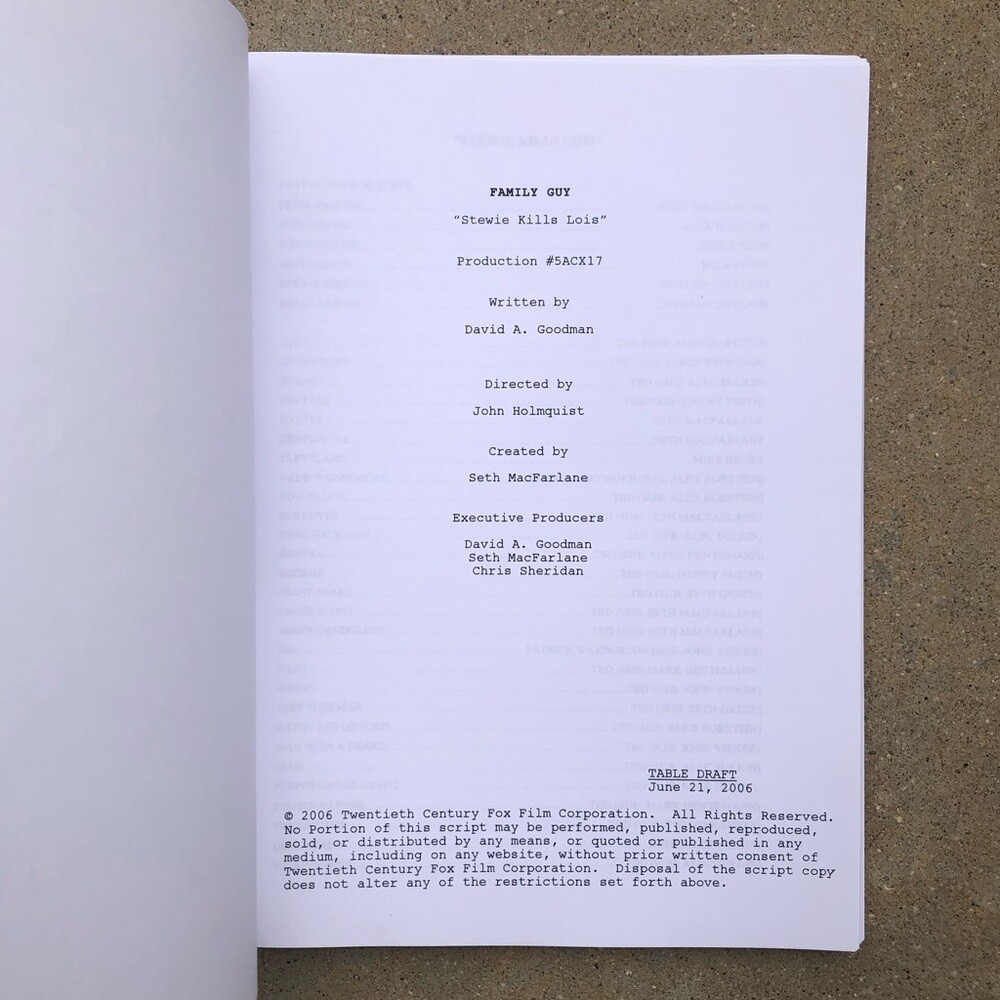 Family Guy 100th Episode 2006 Stewie Kills Lois Original Table Draft Script