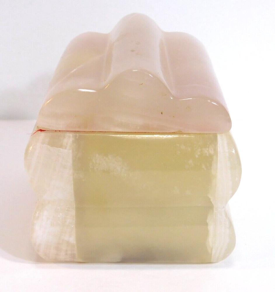 Alabaster Carved Rectangular Box Natural Stone 4" by 3" Hinged Velvet Lined