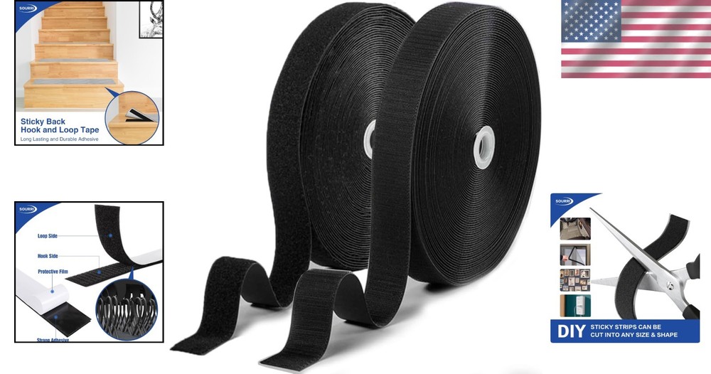 Strong Adhesive Black Hook Loop Tape - 82ft
