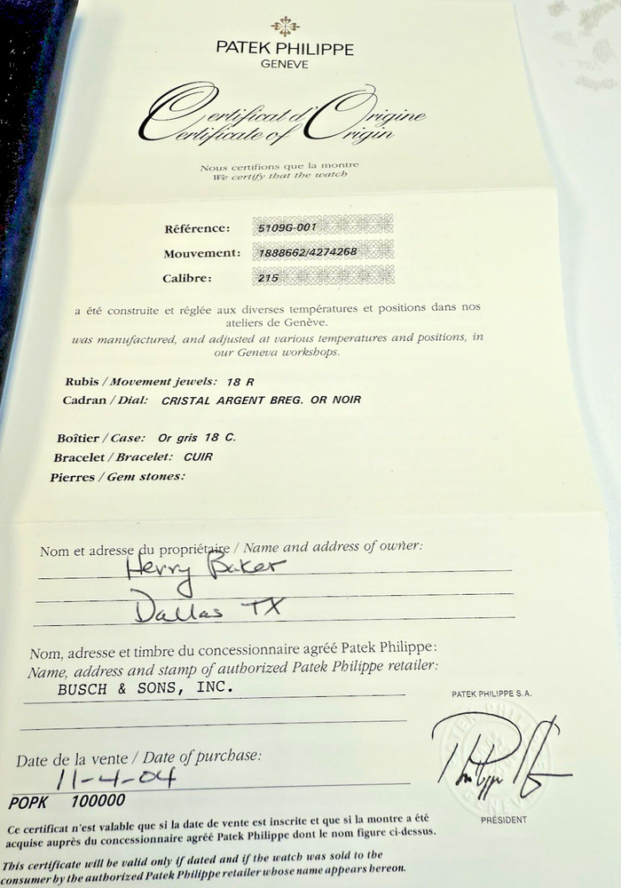Patek Philippe Ref 5109  Certificate