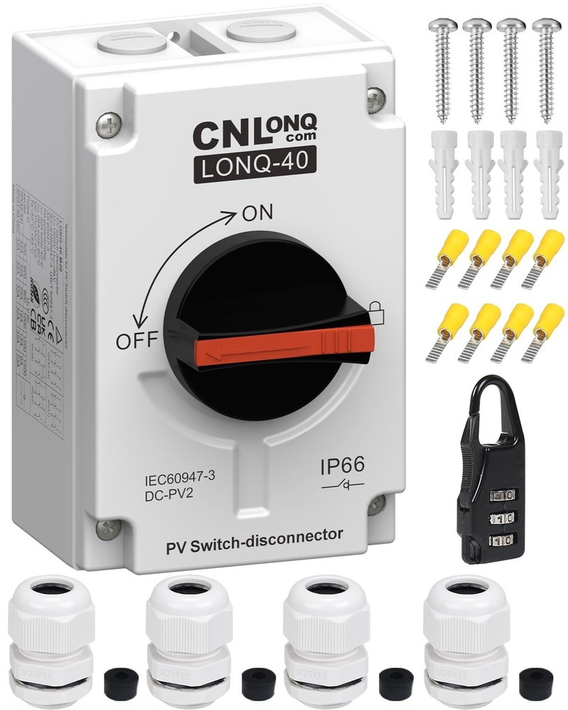 CNLONQ Solar PV Disconnect Switch 32A DC1500V Rapid Shutoff Isolator Switch 4...