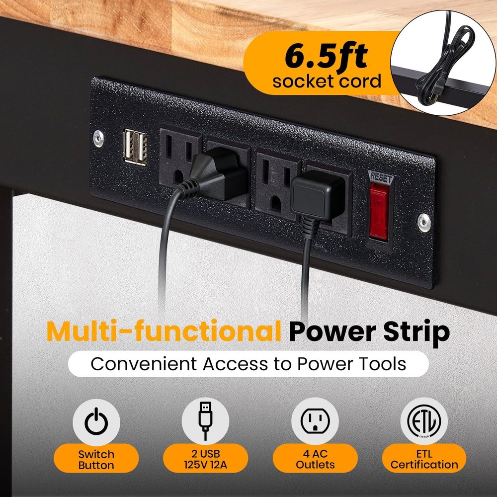 70" Adjustable Workbench 2000Lbs Load Work Bench with Pegboard & Power Outlets