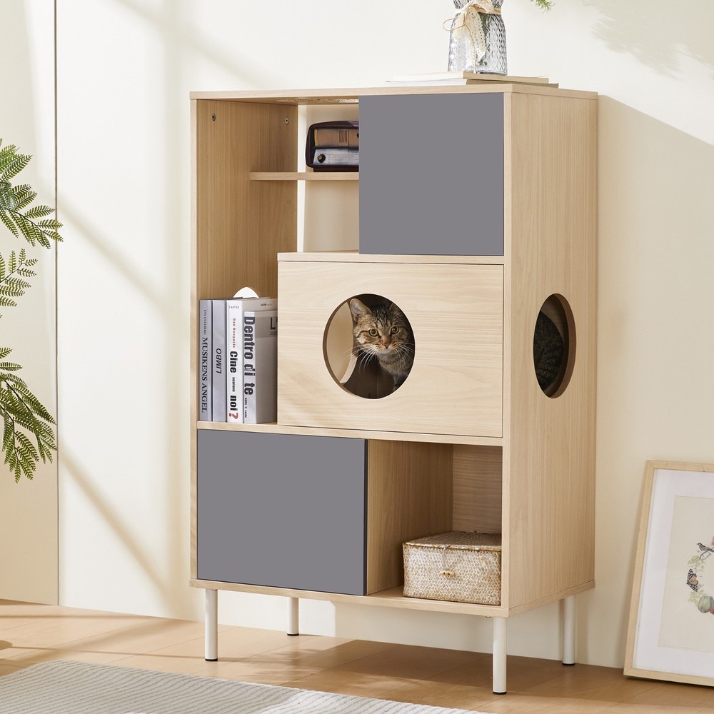 Modern Cat Tree & Side Cabinet with Litter Box & Hidden Storage