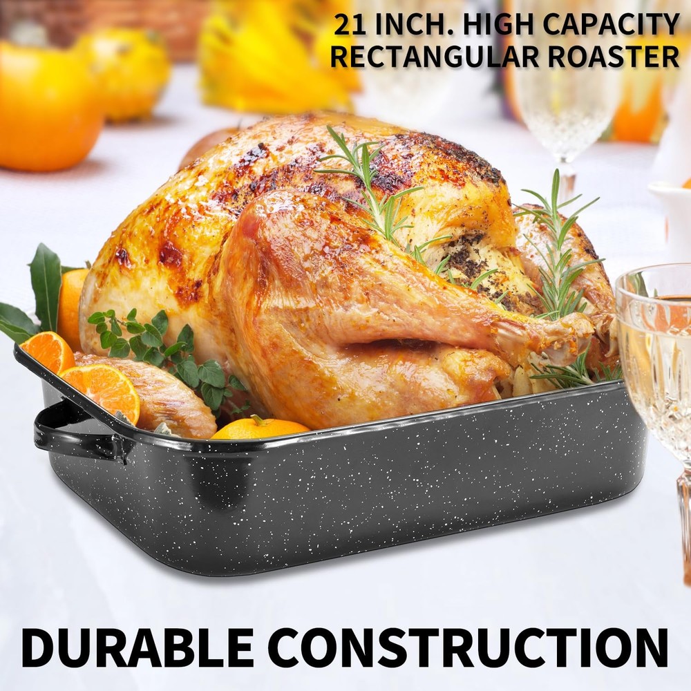 QPMR Roasting Pan with Rack, 21” Rectangular Granite Roaster Pan, 25lb Capaci...