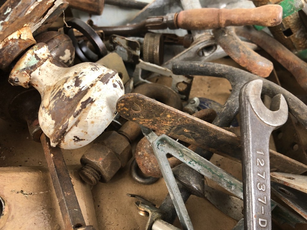 12 Pounds Mixed Miscellaneous Old Hardware Metal Stuff Locks Hooks Wheels Pulls