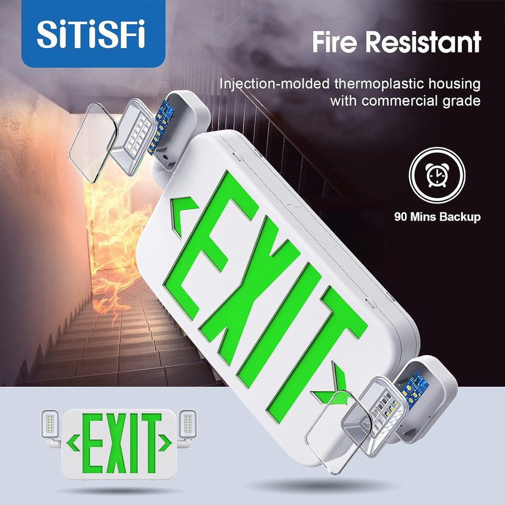 Led Combo Emergency Exit Sign Light with Two Adjustable Head Lights and Backup B