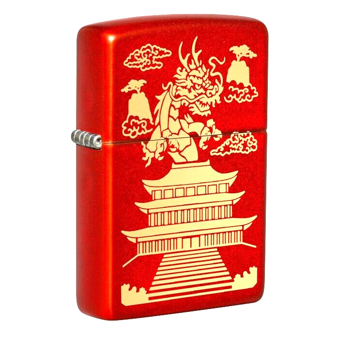 Chines Temple Engraved Metallic Red Zippo Lighter