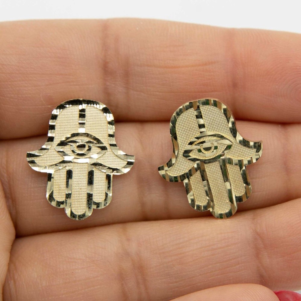 3/4" Diamond Cut Hamsa Stud Earrings Real Solid 10K Yellow Gold