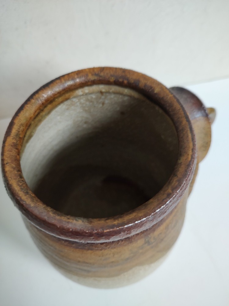 Art pottery pitcher Unusual applied overlapping handles 7" Signed