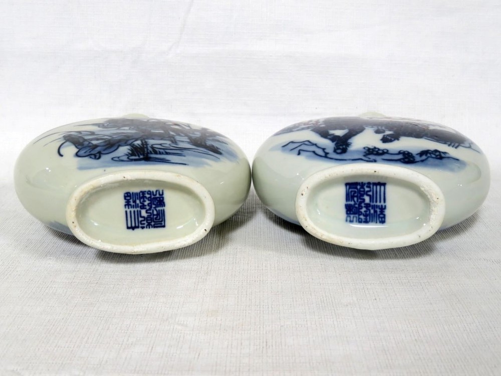 Pair of 6.5" Blue & White Moon Flask, Pilgrim Bottles - Same Stamp Underneath