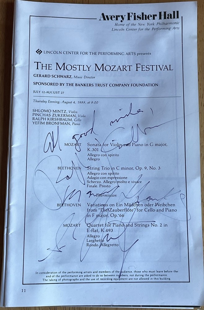 Violinist Shlomo Mintz & Cellist Ralph Kirshbaum Autographed  Program