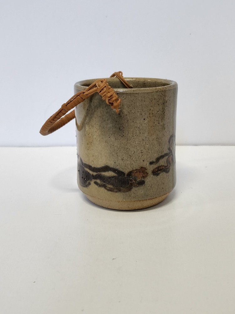 Pottery Pot Vase Knick Knack With Handle Tan Blue Signed Container Decore
