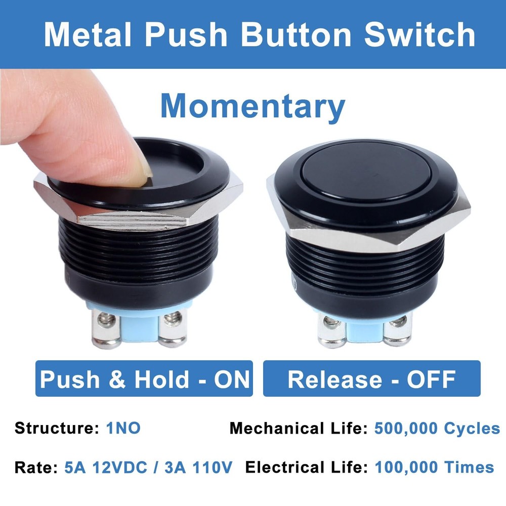 1pc 22mm Momentary Metal Waterproof Push Button Flat Head, Black