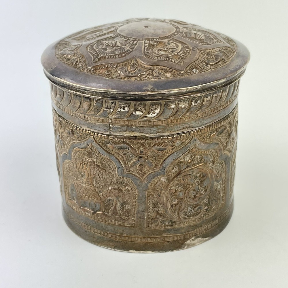 Antique Indian Solid Silver Tested Embossed Lidded Jar / Cannister 7cm X 7cm