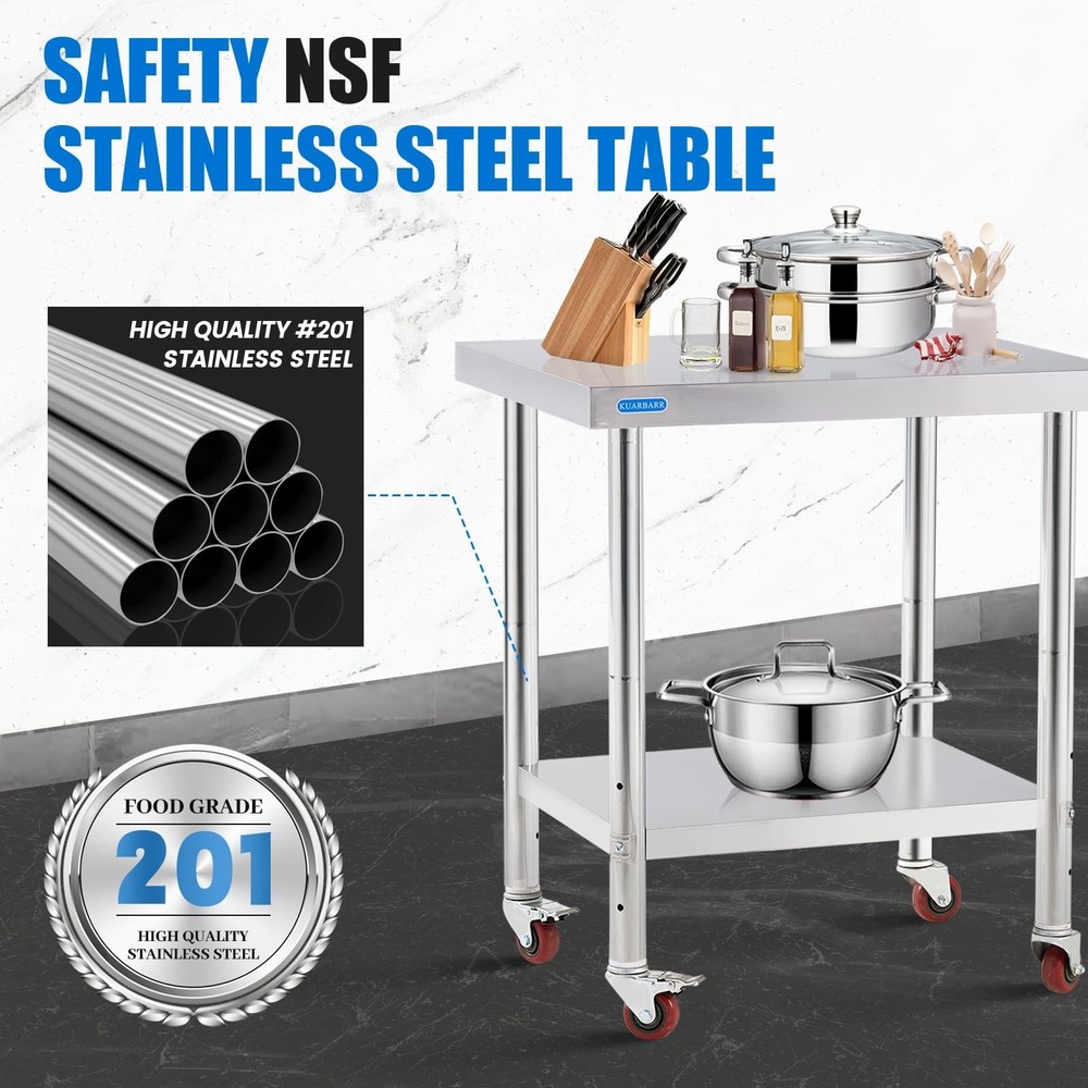 Stainless Steel Table for Prep & Work with 4 Caster Wheels with Adjustable Un...