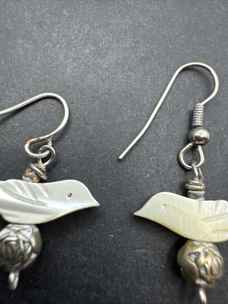 Native Inspired Dangle Drop MOP Bird 1” Earrings Silver Tone