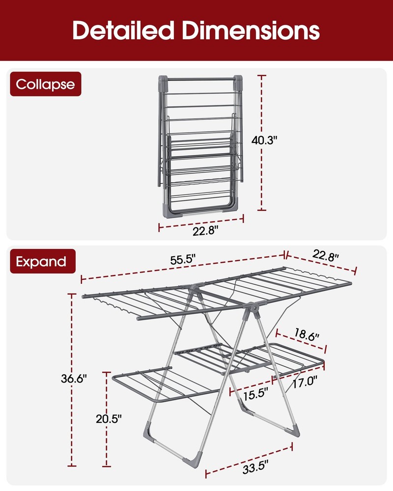 Clothes Drying Rack, Foldable 2-Level Laundry Drying Rack with Height-Adjusta...