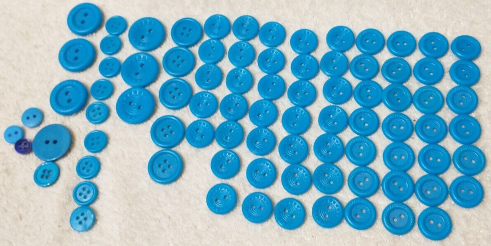 Buttons 70+ Blue Medium - Small sized Blue Plastic Craft Round Two Holed BA8