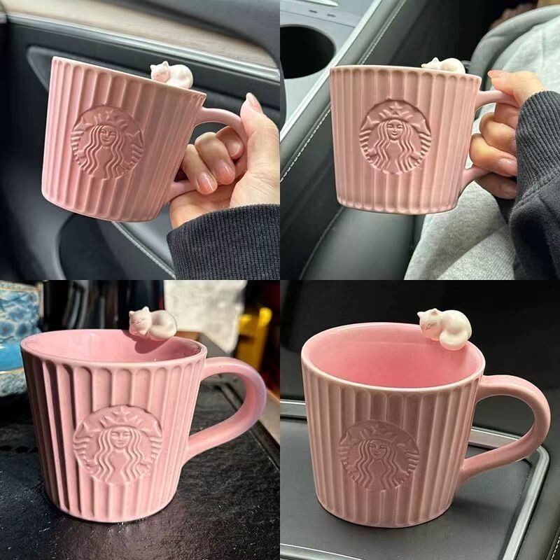 Starbucks Cup Pink Three-dimensional Cat Ceramic Cup Office Desktop Drinking Cup
