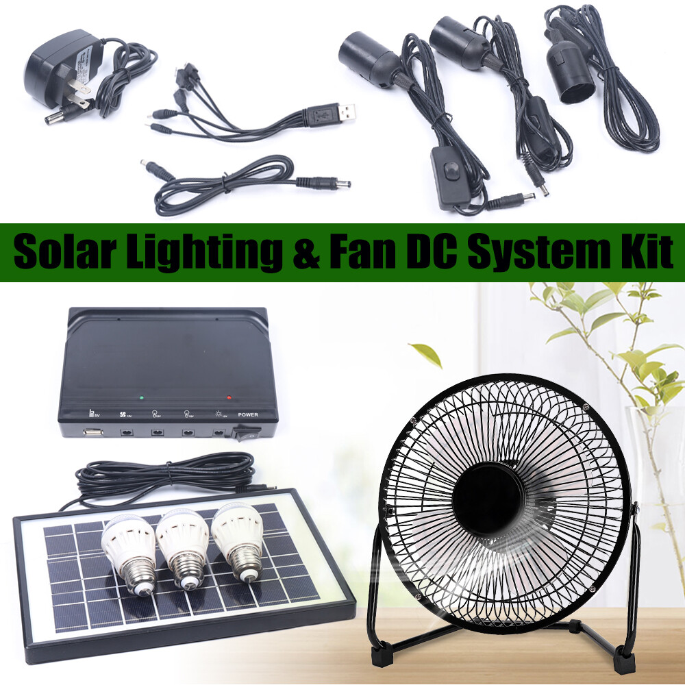 Solar Power Panel Kit Outdoor Camping USB Charging System W/ LED Light & 8" Fan