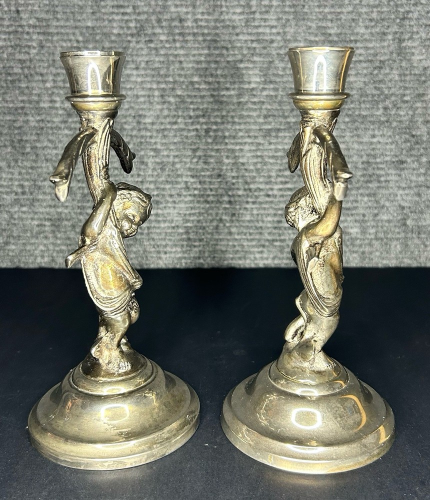 Vintage Silver Plated Cherub Candlestick Pair 8”