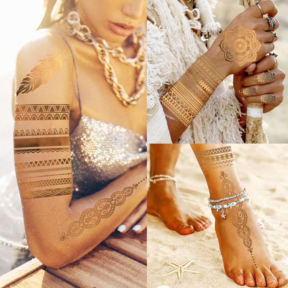 Bilizar 9 Sheets 110+ Designs Flash Gold Temporary Tattoos Large,