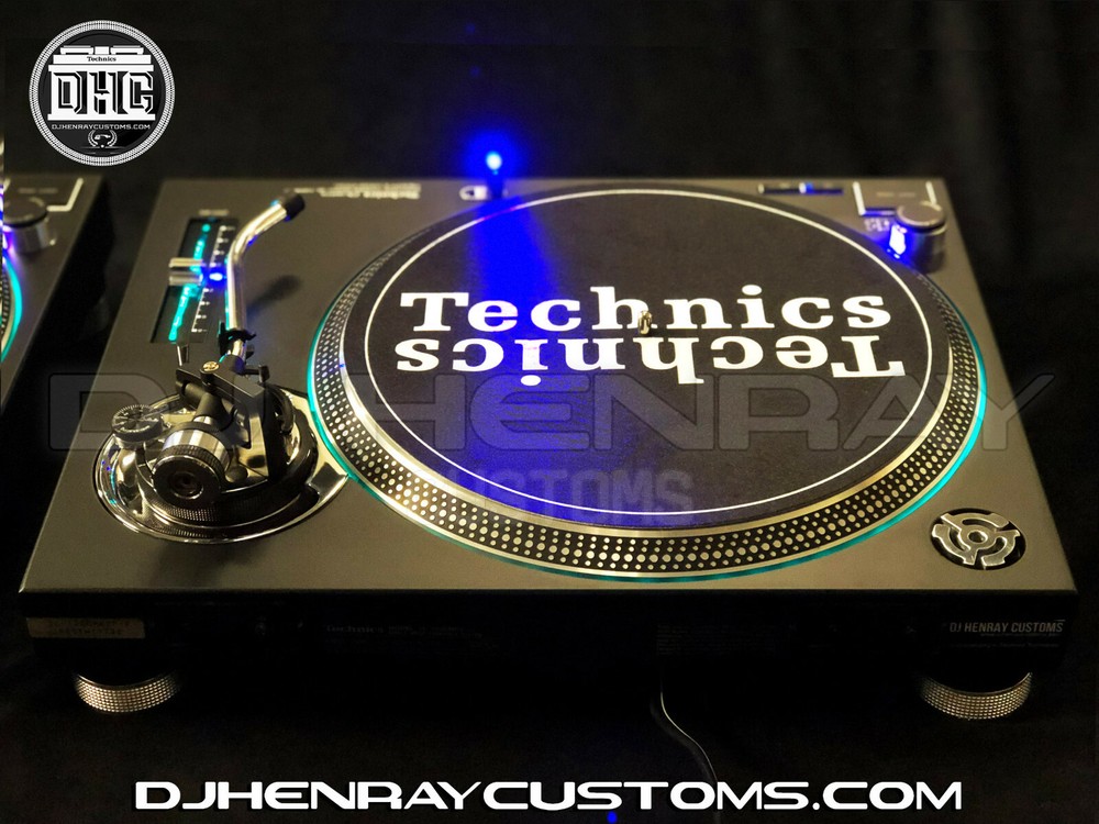 2 custom Matte black & chrome Technics SL 1200 mk2's blue leds laser etch logos