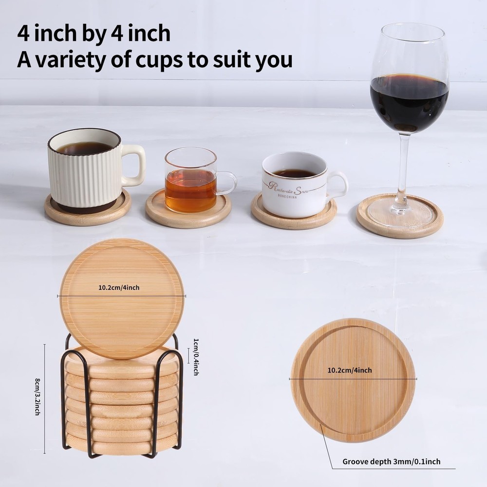 Bamboo 4 inch coaster [8 pcs] Coasters with Holder - Drinking Coasters - Cup ...