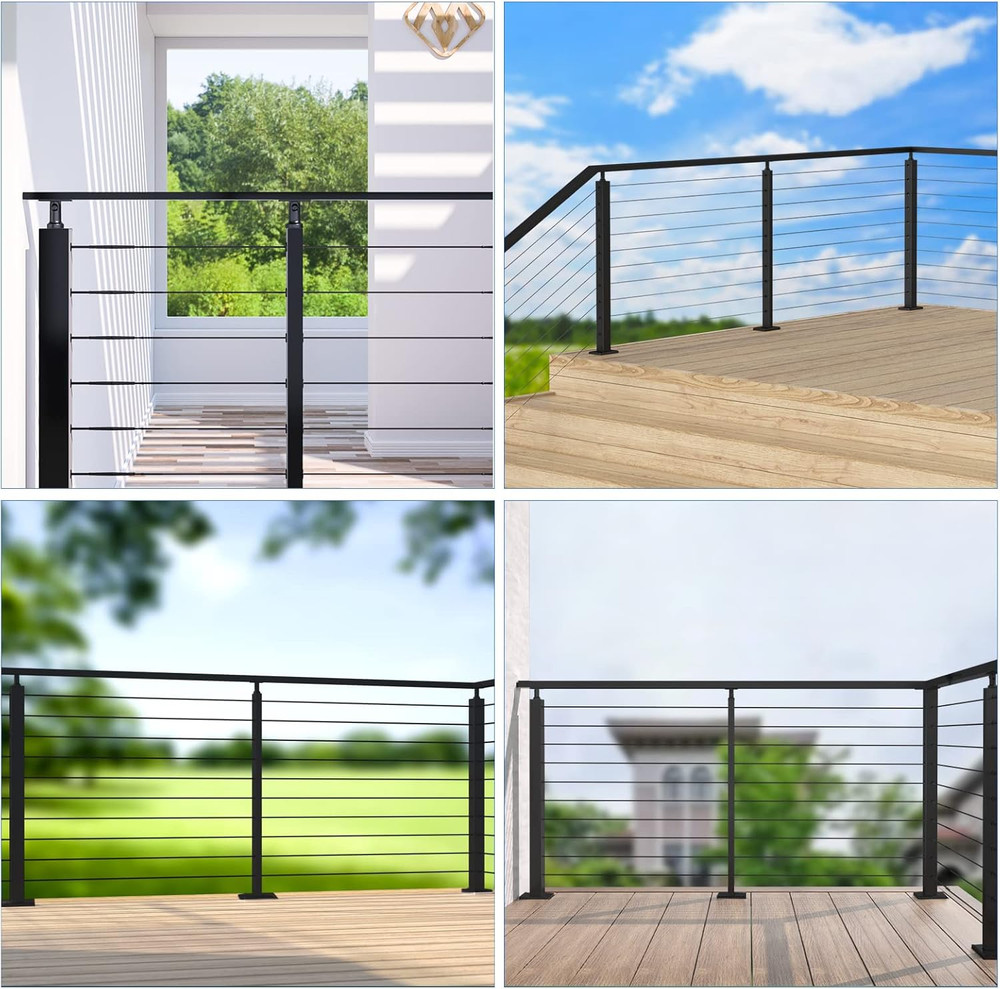 Adjustable 36" Black Stainless Steel Cable Railing Post for Wood & Concrete Deck