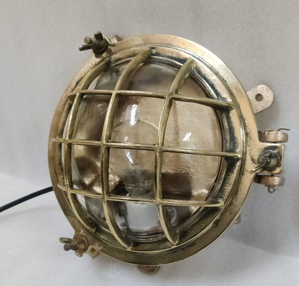 Vintage original Brass Cage&Iron Base Bulkhead passageway Light 2PC.