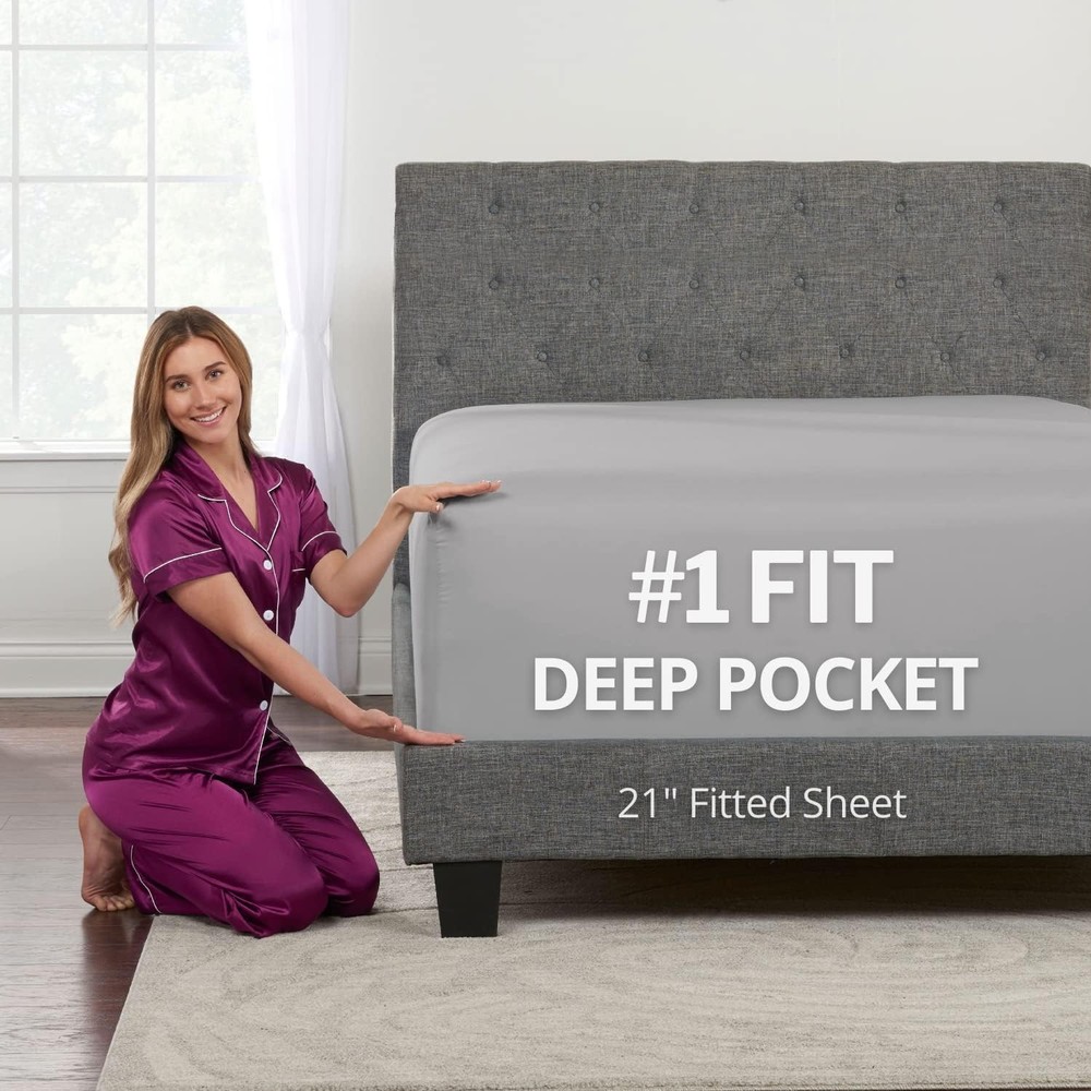 Luxurious Queen Fitted Sheet – Extra Deep Pocket 21" Microfiber – Calm Grey