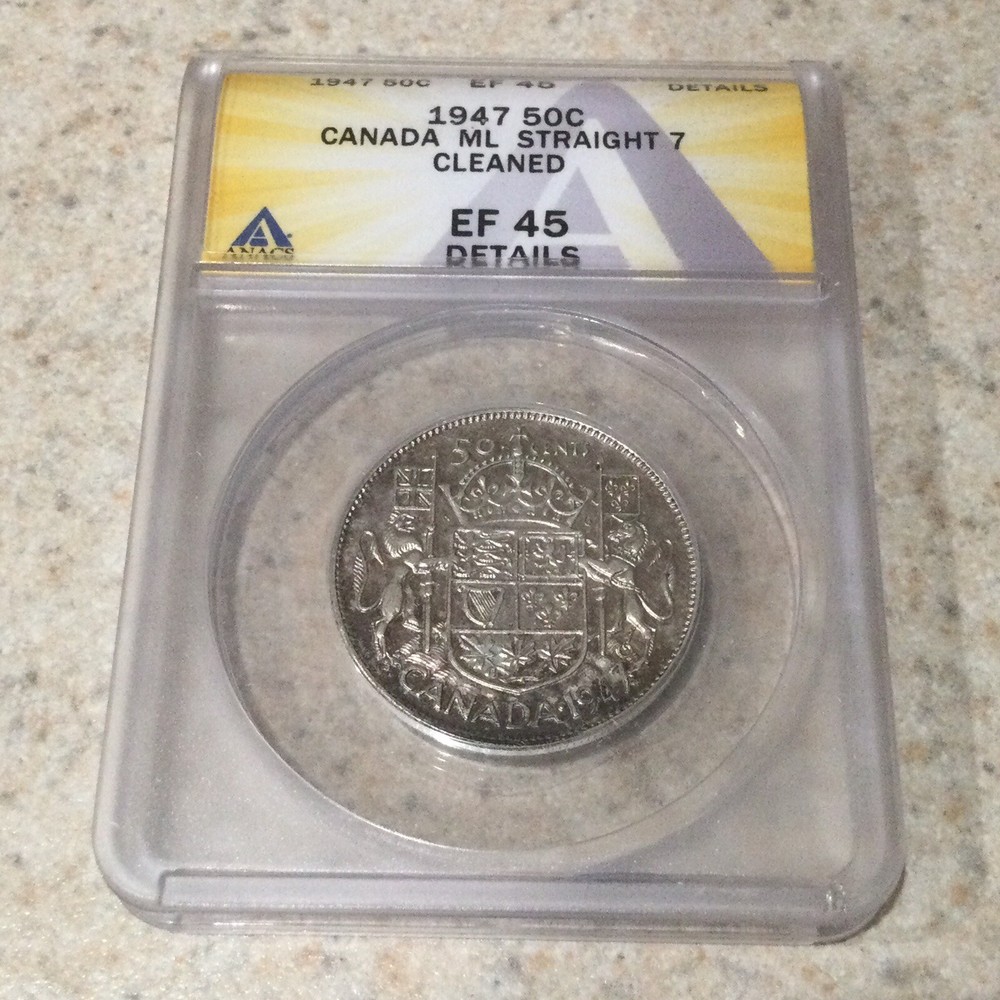 1947 CANADA SILVER HALF DOLLAR ANACS EF45 DETAILS STRAIGHT 7 MAPLE  LEAF
