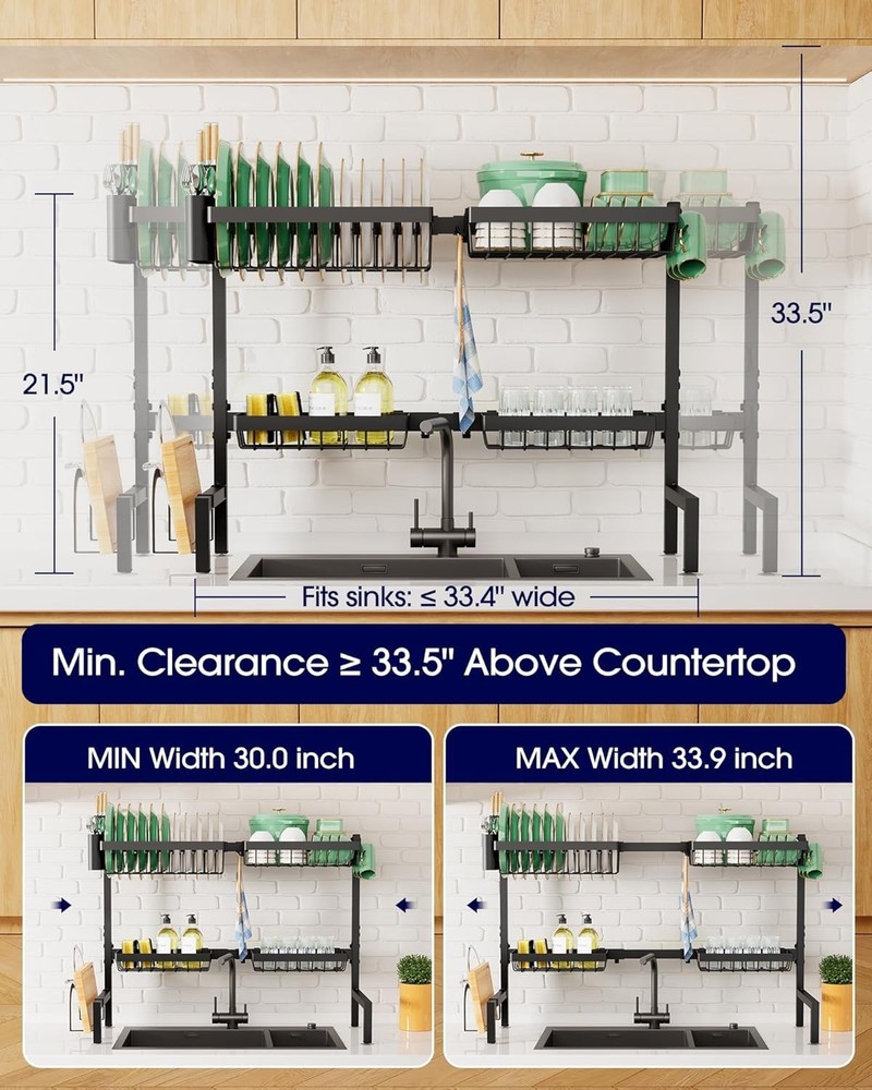 2-Tier Over Sink Dish Drying Rack, Adjustable 21.5"-33.9" - Kitchen Space Saver
