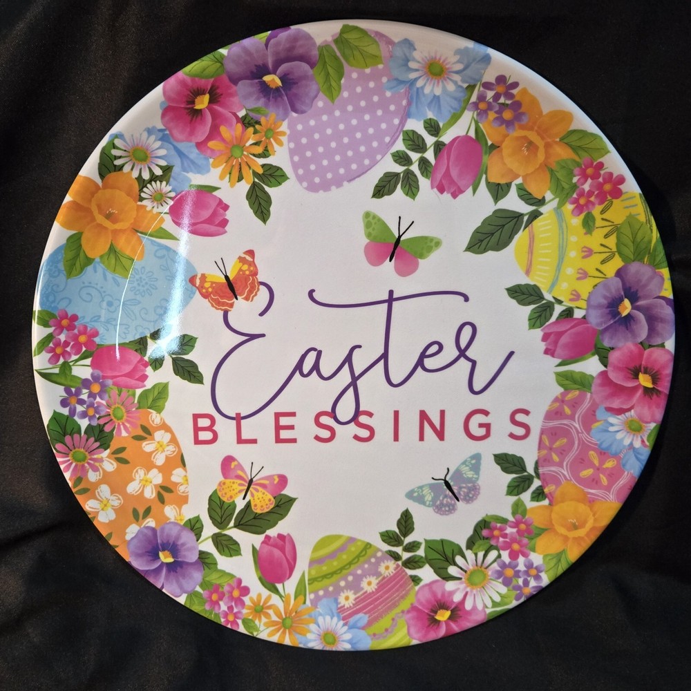 Easter Blessings Serving Platter Flowers Butterflies Easter Eggs Bright 14in