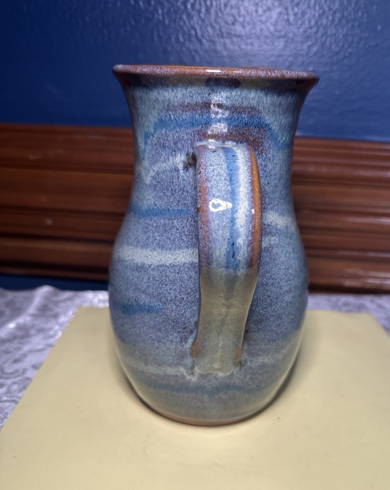 Vintage Stoneware Blue Drip Glazed Pitcher with Handle 9” Tall