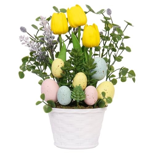 Easter Decorations, Artificial Easter Egg Tulip Flower Potted Table Yellow