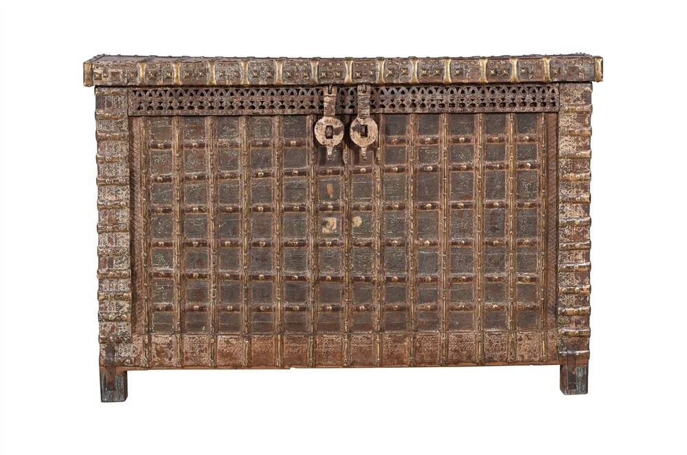 Antique Indian Teak Wood Pitara Console Chest
