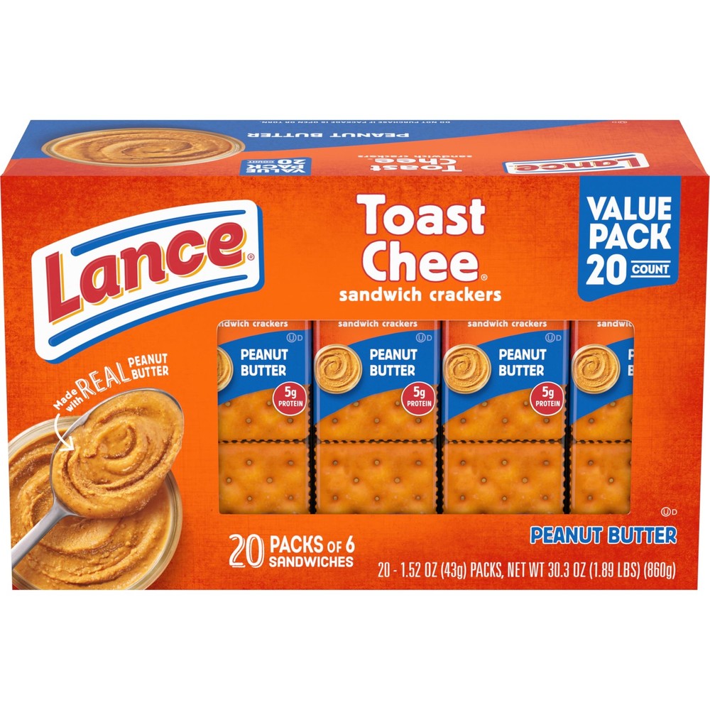 Lance Sandwich Crackers, ToastChee Peanut Butter, 20 Individually Wrapped Pac...