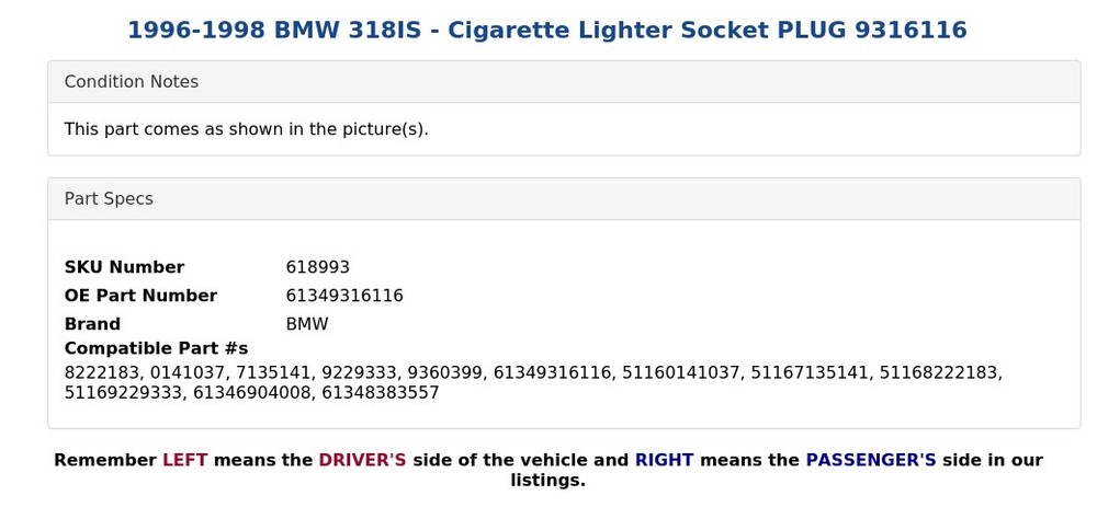 1996-1998 BMW 318IS - Cigarette Lighter Socket PLUG 9316116