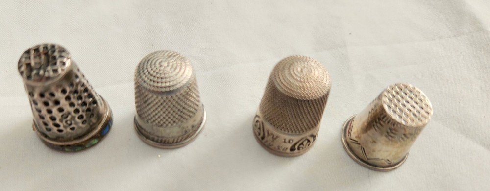 4 VICTORIAN STERLING THIMBLES ONE W, ABALONE SHELL