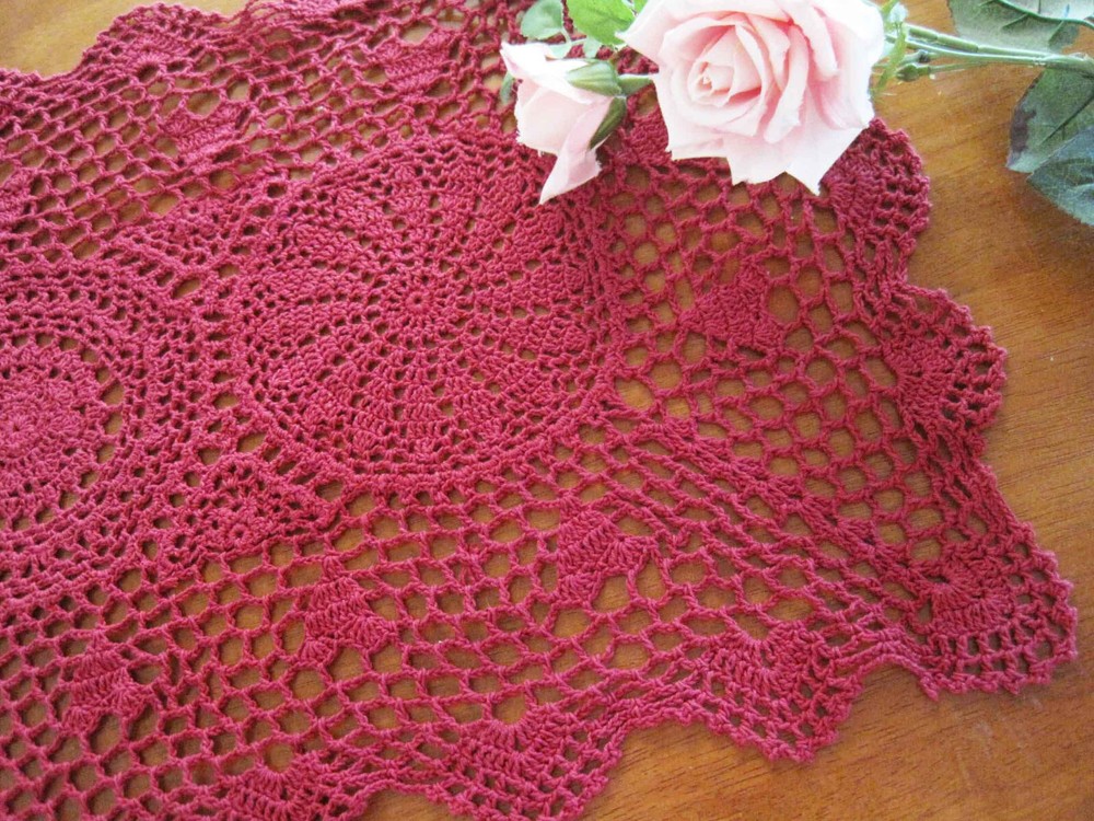 Vintage Style Hand Crochet Deep Red Cotton Table Runner