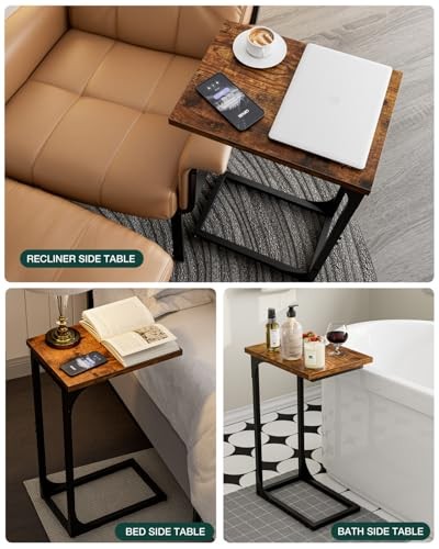 C-Shaped Side Table for 11.8" Width 1-Pack Rustic Brown Without Power Outlets