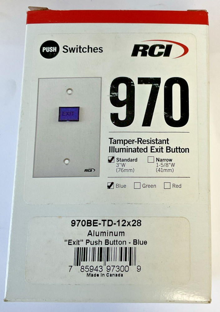 RCI 970BE-TD-12X28 ALUMINUM EXIT PUSH BUTTON BLUE 12V FRAME MOUNT