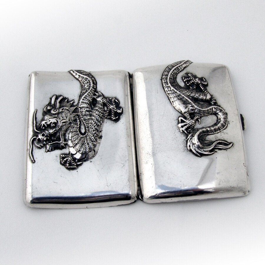Chinese Export Silver Cigarette Case Applied Dragon